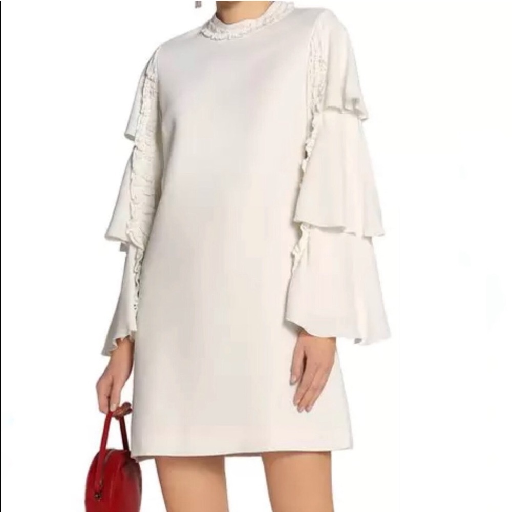 Alexis | Ruffled Trim White Crepe Shift Dress S